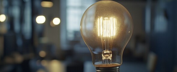Poster - Glowing vintage light bulb in a blurred interior.
