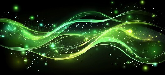 Leinwandbilder - Abstract green glowing waves with sparkling particles on a dark background.