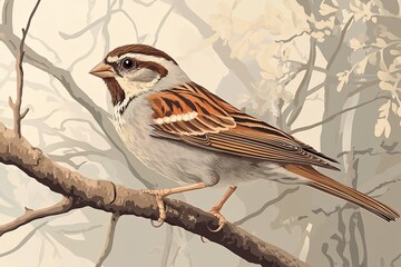 Poster - A detailed illustration of a sparrow perched on a tree branch, set against a muted autumnal backdrop.