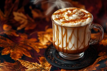 Poster - Steaming caramel latte in glass mug on autumn leaves.