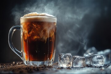 Poster - Steaming iced coffee in a glass mug with ice cubes on a dark background.