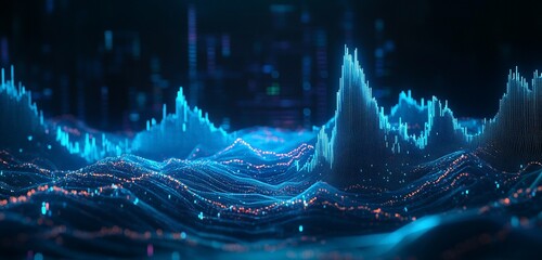 Aufkleber - Abstract 3D digital landscape with glowing peaks and valleys.