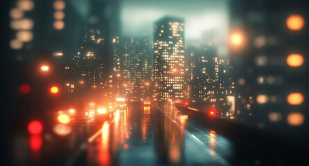 Aufkleber - Rainy night cityscape with blurred lights and traffic.