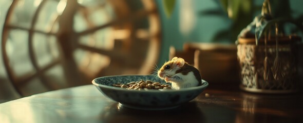 Poster - Small rodent eating food from a bowl on a wooden table.