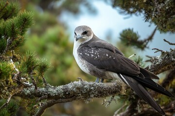 Poster - A young South Polar Skua perched on a lichen-covered branch, amidst pine foliage.