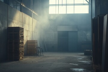 Poster - Sunlit industrial warehouse interior with stacked pallets, showing dust motes in the air.