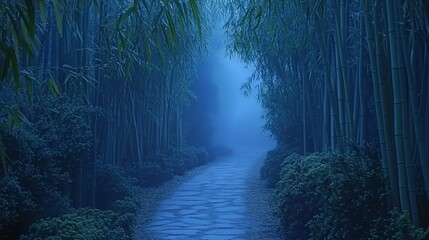 Leinwandbilder - Mystical blue-hued path through a dense bamboo forest shrouded in fog at twilight.