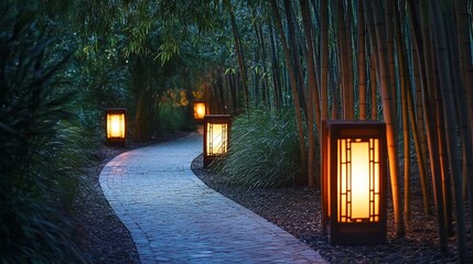 Aufkleber - Winding stone path lit by lanterns in a tranquil bamboo forest at twilight.