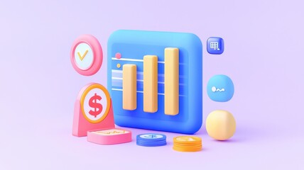 Wall Mural - finance interest analytics concept. Colorful 3D graph elements representing data analysis and financial growth on a pastel background.