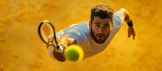 Poster - Tennis player diving for a shot, low angle view.