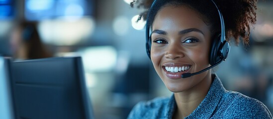 Poster - Smiling customer service representative wearing headset at work.