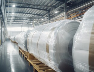 Poster - Large rolls of plastic film in warehouse.