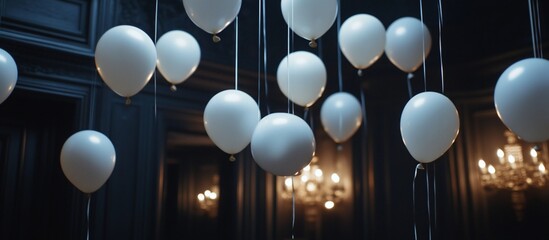 Poster - White balloons floating in a dark, elegant room with chandeliers.