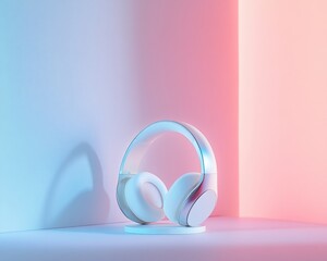 Aufkleber - White headphones on a stand in a corner with blue and pink lighting.