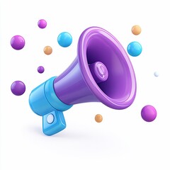 Poster - Colorful 3D megaphone with floating spheres, announcing news or promotions.