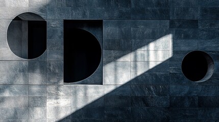 Poster - Abstract geometric shapes cut into a dark gray stone wall, with sunlight casting shadows.