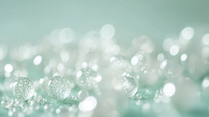 Poster - Close-up of translucent spheres with bokeh effect on a light green background.