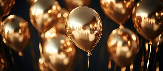 Fototapete - Close-up of many golden balloons, floating against a dark background.