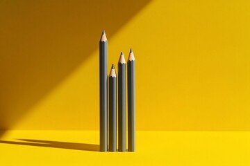 Poster - Four dark pencils standing upright on a yellow background, cast shadows.