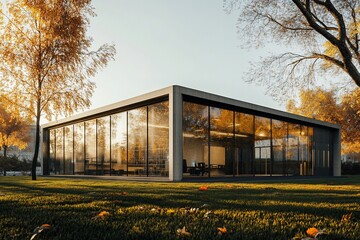 Aufkleber - Modern glass building in autumn park setting, showcasing sunlight through large windows.