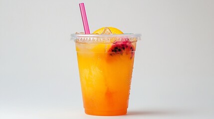 Poster - Refreshing orange and dragon fruit iced drink in a plastic cup with a straw and lemon slice.