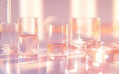 Aufkleber - Glassware with pink liquid on reflective surface, soft lighting.