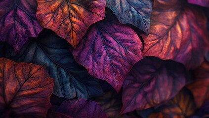 Aufkleber - Close-up of vibrant, multicolored autumn leaves with intricate vein details.
