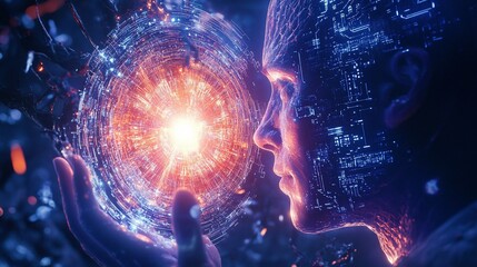 Aufkleber - Cyborg holds glowing orb, digital circuits on face, futuristic concept.
