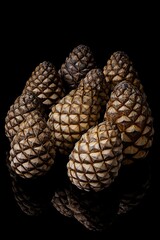 Poster - Close-up of a group of brown pinecones arranged on a reflective black surface.