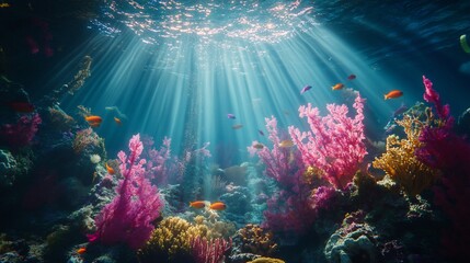 Aufkleber - Vibrant coral reef underwater scene with sunbeams, colorful fish, and diverse plant life.