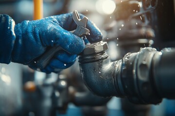 Aufkleber - Gloved hand using wrench on leaking pipe.