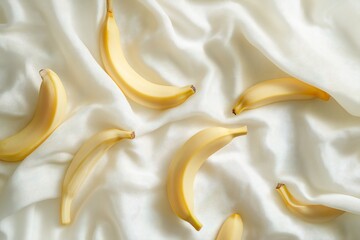 Poster - Ripe yellow bananas arranged on a white fabric background.