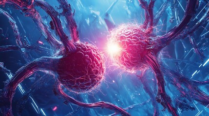 Fototapete - Microscopic view of two neurons communicating, glowing brightly, intricate neural connections.