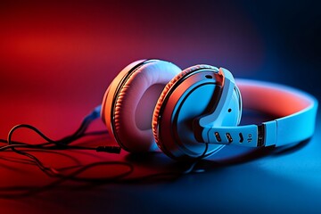 Poster - White headphones on red and blue background.