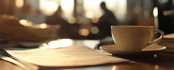 Poster - Coffee cup on saucer with newspaper in cafe.