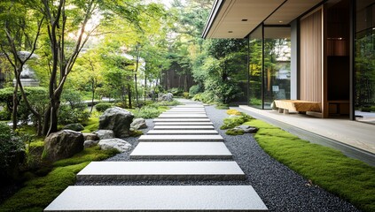 Aufkleber - Serene Japanese garden path leads to modern building.