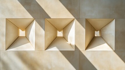 Poster - Three recessed square light wells in a beige wall, illuminated by sunlight.