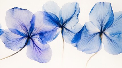 Leinwandbilder - Four translucent blue flowers on white background.