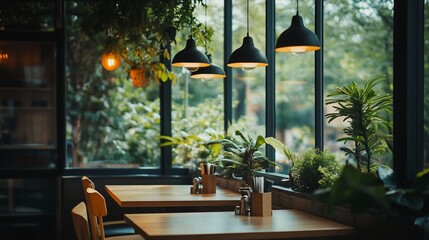 Poster - Cozy cafe interior with wooden tables, pendant lights, and lush greenery near window.