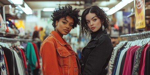 professional photo of black woman and white woman shopping in clothing store 