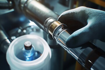 Aufkleber - Gloved hand connects metallic cylinder to industrial pipe.