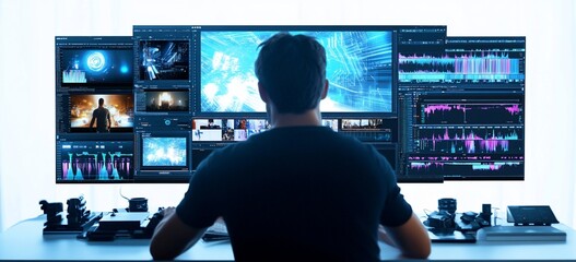 Fototapete - A video editor works on multiple monitors, reviewing footage and audio.