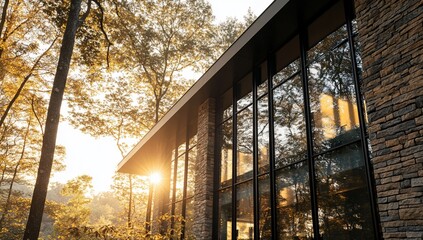 Poster - Modern house with large windows, stone facade, surrounded by trees at sunrise.