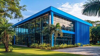 Poster - Modern blue glass building in a lush green landscape.
