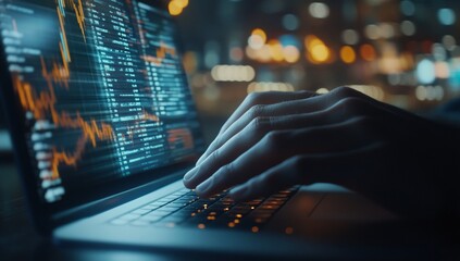 Wall Mural - Close-up of hands typing on laptop displaying data and graphs at night.