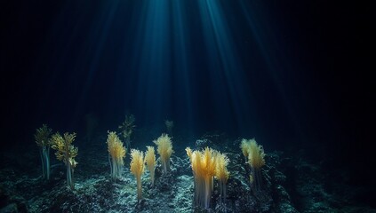 Poster - Sunbeams illuminate underwater kelp forest scene.