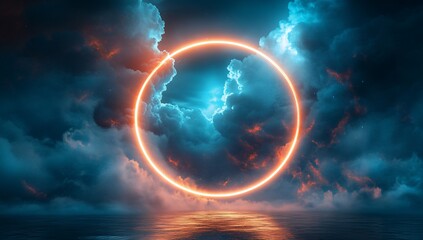 Aufkleber - Glowing neon circle ring above dark stormy clouds and ocean.