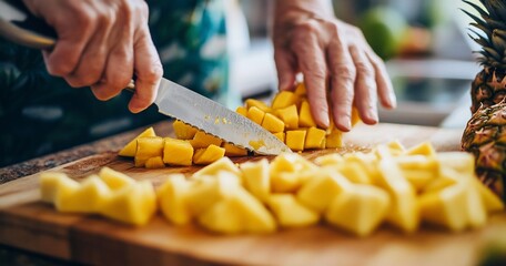 Poster - Close-up of hands dicing fresh yellow mango on wooden board.