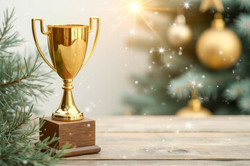 gold trophy with evergreen boughs a decorated tree background