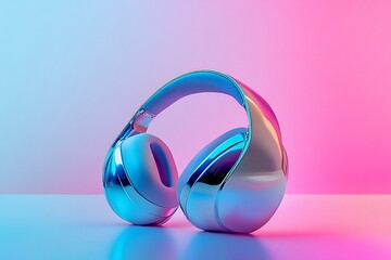 Poster - Metallic blue headphones on vibrant pink and blue background.